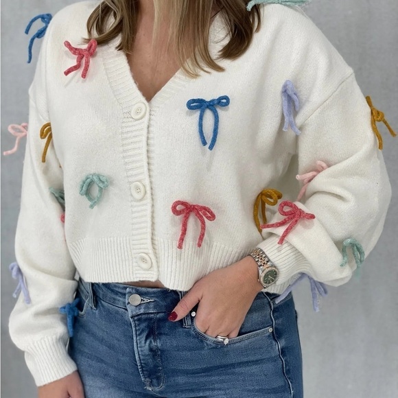 Sweaters - Luna Ivy Women's White Sweater with Colorful Bow Accents Sz M